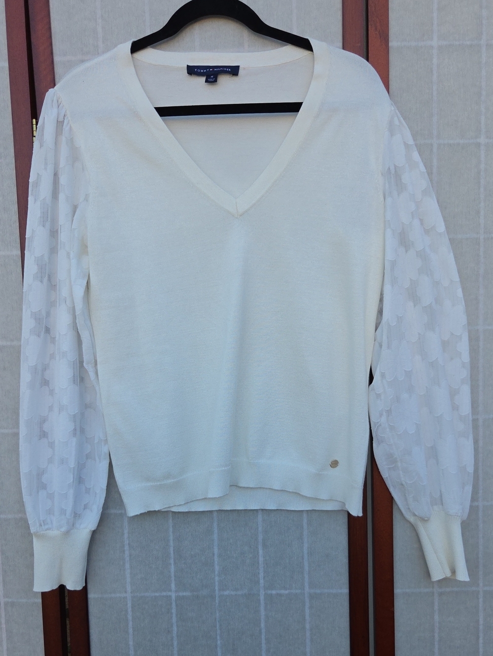 Tommy Hilfiger White V-Neck Sweater Floral Sheer Balloon Sleeve Coquette Preppy